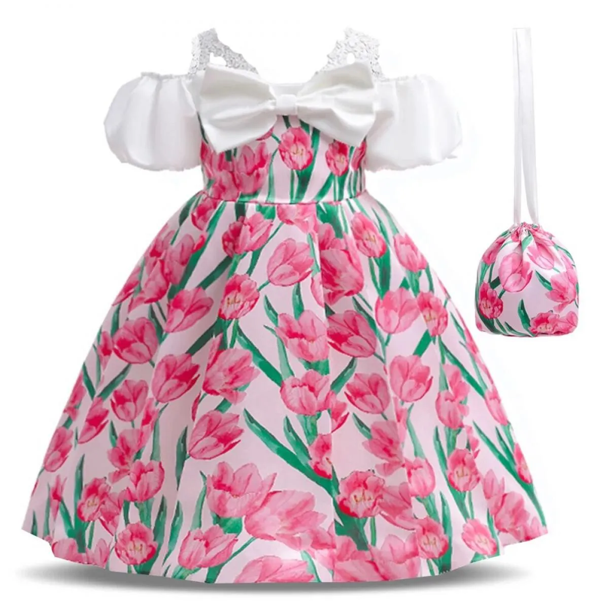 Abiti da ballo per ragazze con fiori formali per bambini per matrimoni Fiocco in rete Costume da principessa di Natale Abito da