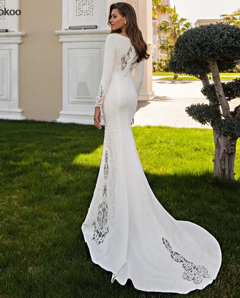 Abiti da sposa a sirena a maniche lunghe 2022 Appliques in pizzo con scollo a V da donna P