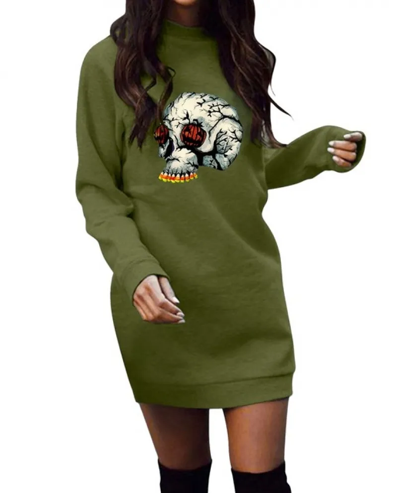 Abito da donna in felpa di Halloween Abito casual a maniche lunghe o collo oversize leggero Abito in maglia midi in cotone Autun