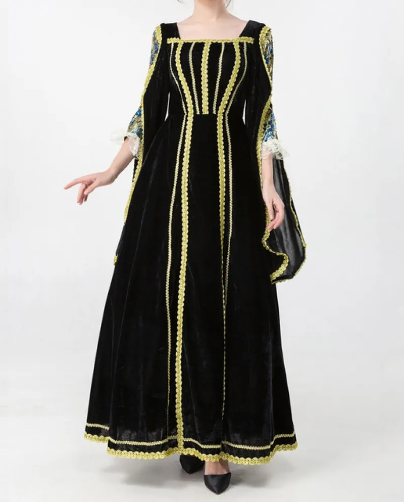 Abito da donna medievale vintage Cospaly lungo collo quadrato Halloween Cosplay abito retrò grande maxi vintage per cosplay