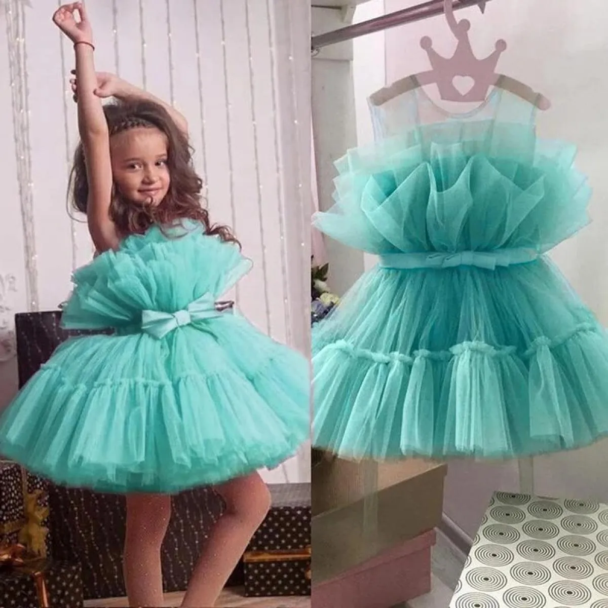 Abito da festa di Natale per ragazza Abito da principessa di compleanno elegante senza maniche in tulle verde Abito da cerimonia