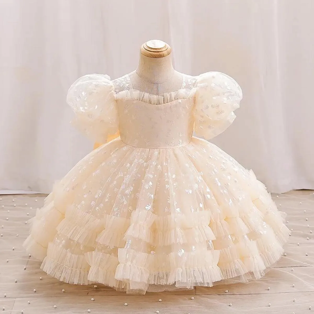 Abito da festa per ragazze Principessa Natale Maniche a palloncino Carino e alla moda Fiocco per bambini Compleanno Abito natali
