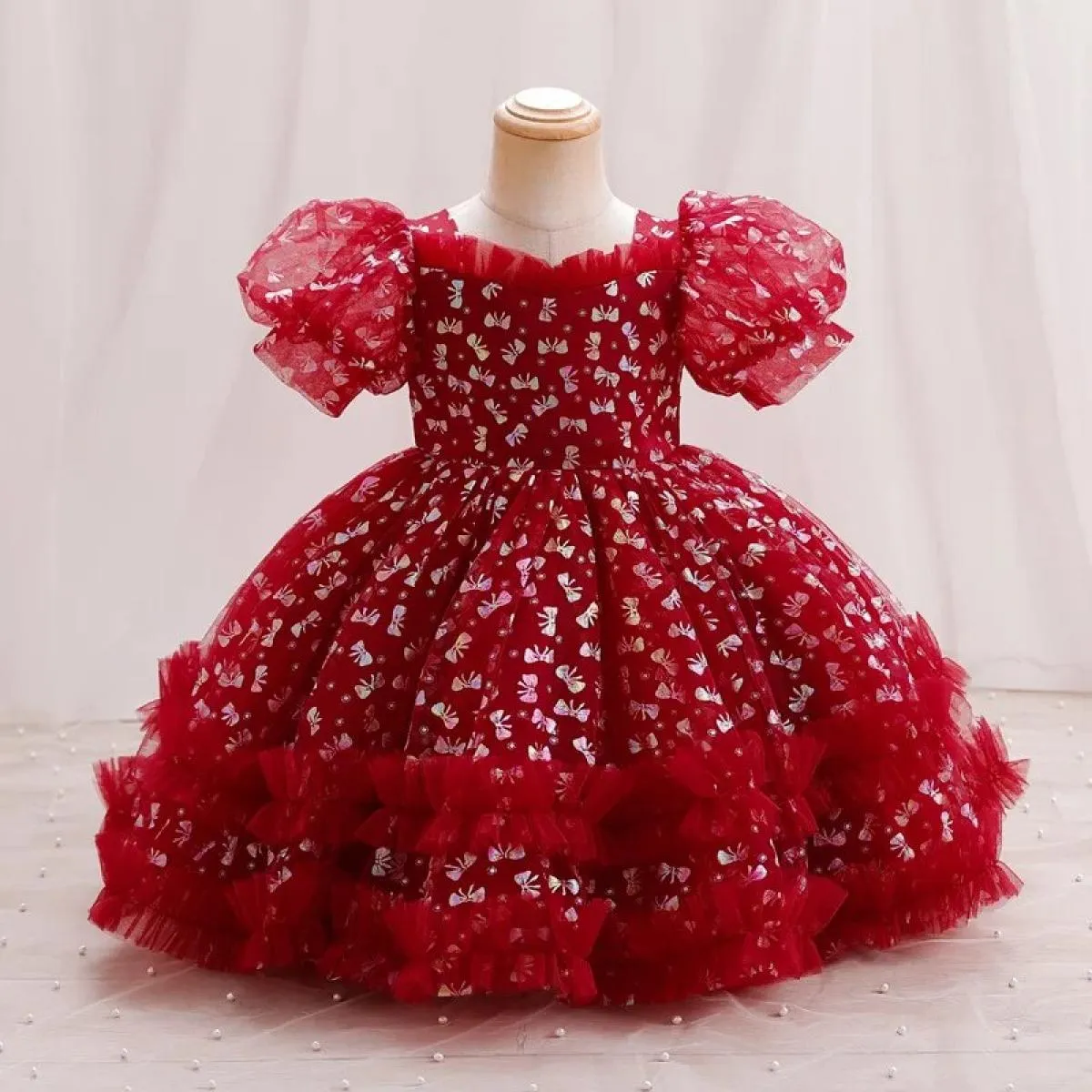 Abito da festa per ragazze Principessa Natale Maniche a palloncino Carino e alla moda Fiocco per bambini Compleanno Abito natali