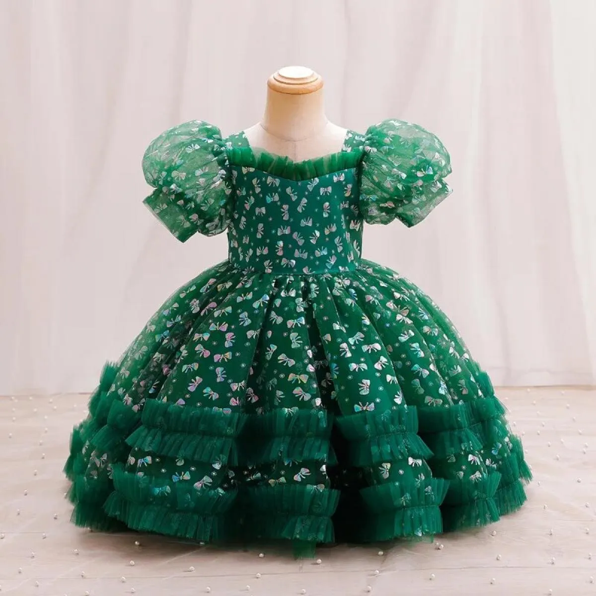 Abito da festa per ragazze Principessa Natale Maniche a palloncino Carino e alla moda Fiocco per bambini Compleanno Abito natali