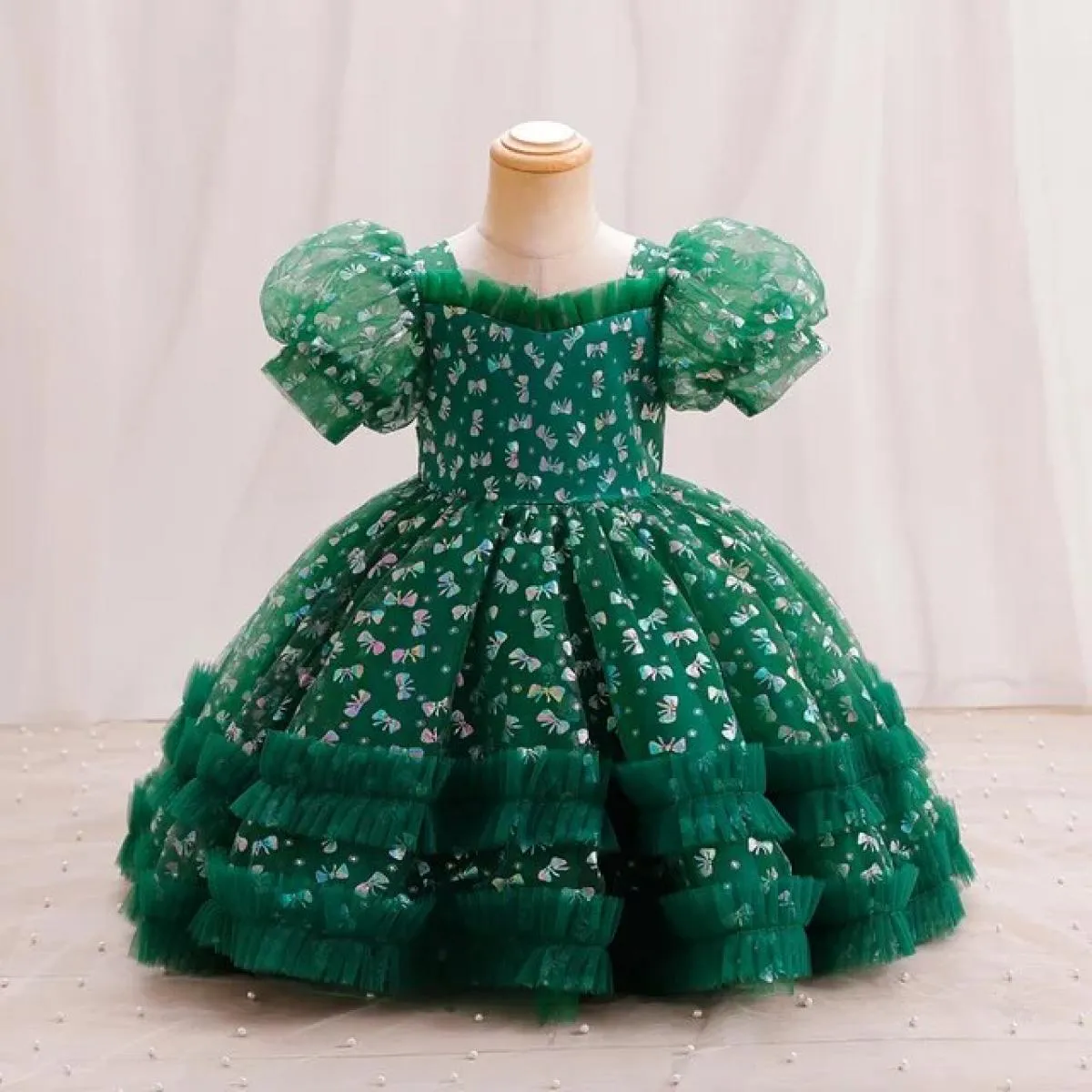 Abito da festa per ragazze Principessa Natale Maniche a palloncino Carino e alla moda Fiocco per bambini Compleanno Abito natali