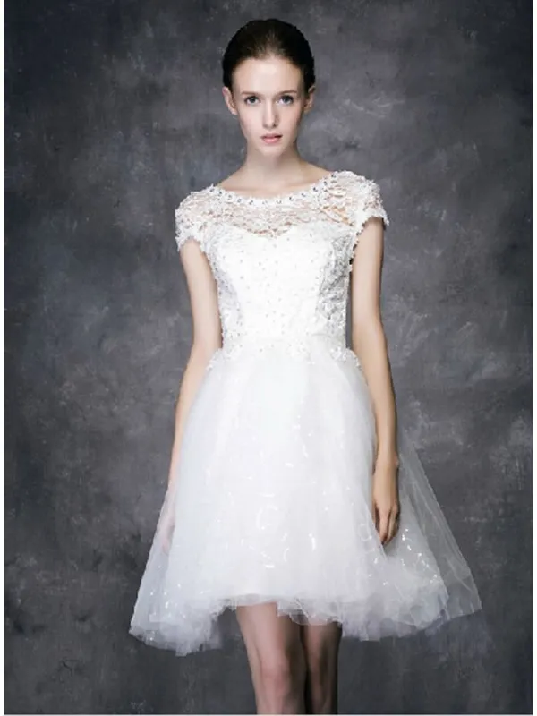Abito da Sposa Corto economico online con corpetto in pizzo e gonna in tulle