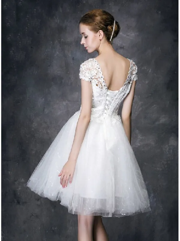 Abito da Sposa Corto economico online con corpetto in pizzo e gonna in tulle
