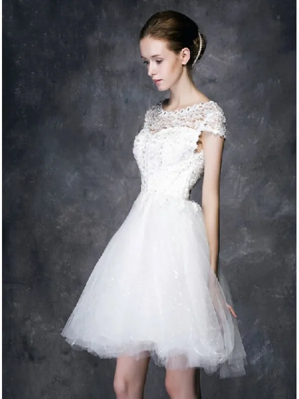Abito da Sposa Corto economico online con corpetto in pizzo e gonna in tulle