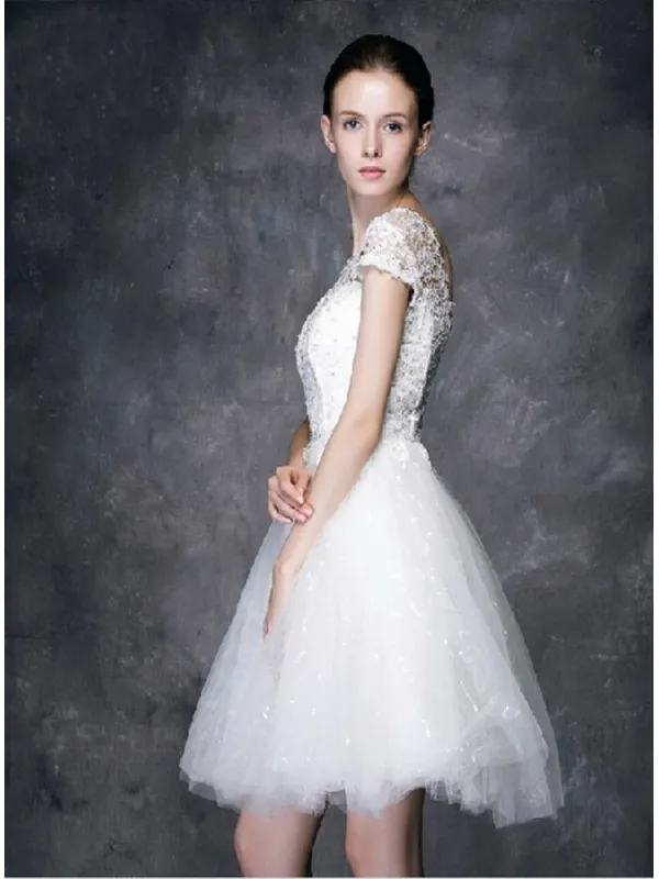 Abito da Sposa Corto economico online con corpetto in pizzo e gonna in tulle