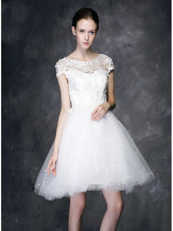 Abito da Sposa Corto economico online con corpetto in pizzo e gonna in tulle