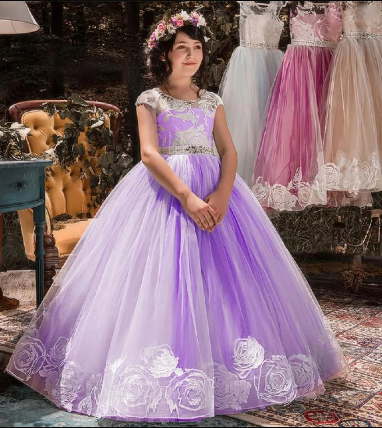 Abito in pizzo per ragazze per abiti da festa con ricami da sposa Abiti da sera per ragazza di Natale Costume da principessa Ves