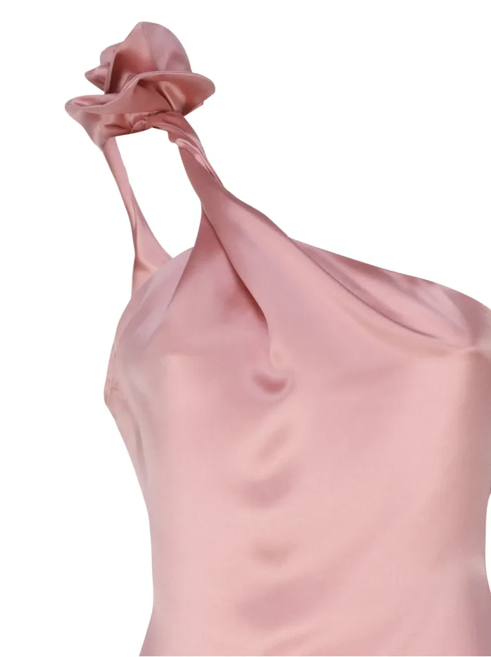 ABITO MIDI MONOSPALLA IN SETA CON APPLICAZIONI DI ROSE