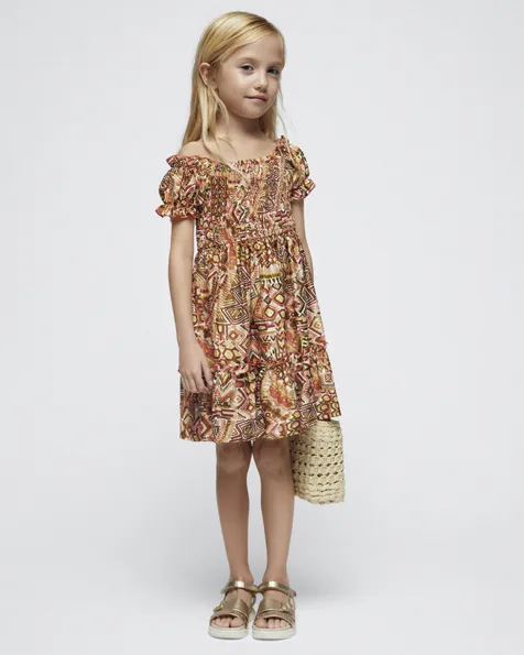 Abito mini in cotone a fantasia etnica arancione e verde militare con maniche corte 3-7 anni