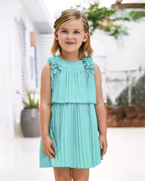 Abito mini verde acqua a balze in plissé senza maniche 4-9 anni