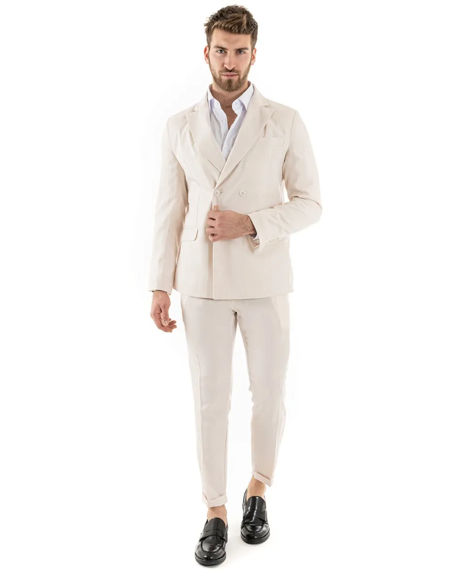 Abito Uomo Doppiopetto Vestito Viscosa Completo Giacca Pantaloni Beige Elegante Cerimonia GIOSAL-OU2262A