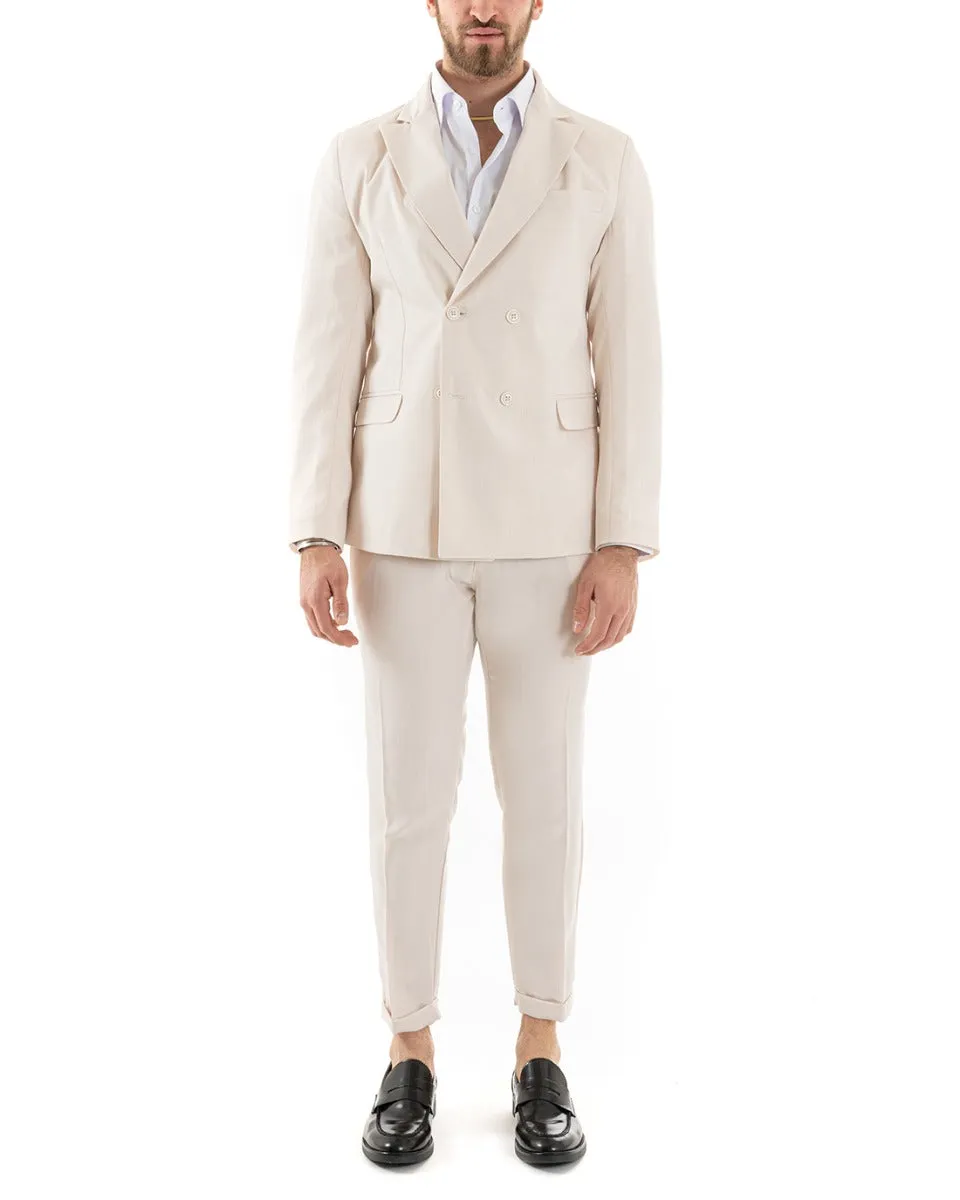 Abito Uomo Doppiopetto Vestito Viscosa Completo Giacca Pantaloni Beige Elegante Cerimonia GIOSAL-OU2262A