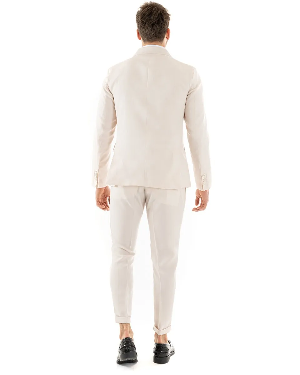 Abito Uomo Doppiopetto Vestito Viscosa Completo Giacca Pantaloni Beige Elegante Cerimonia GIOSAL-OU2262A