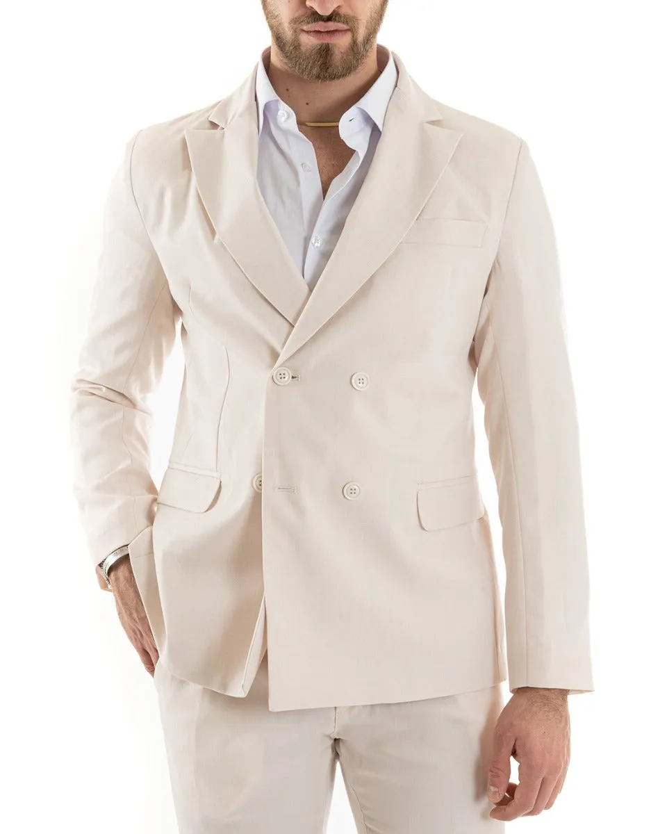 Abito Uomo Doppiopetto Vestito Viscosa Completo Giacca Pantaloni Beige Elegante Cerimonia GIOSAL-OU2262A