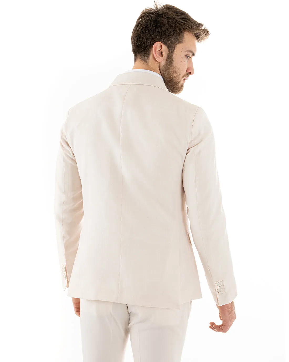 Abito Uomo Doppiopetto Vestito Viscosa Completo Giacca Pantaloni Beige Elegante Cerimonia GIOSAL-OU2262A