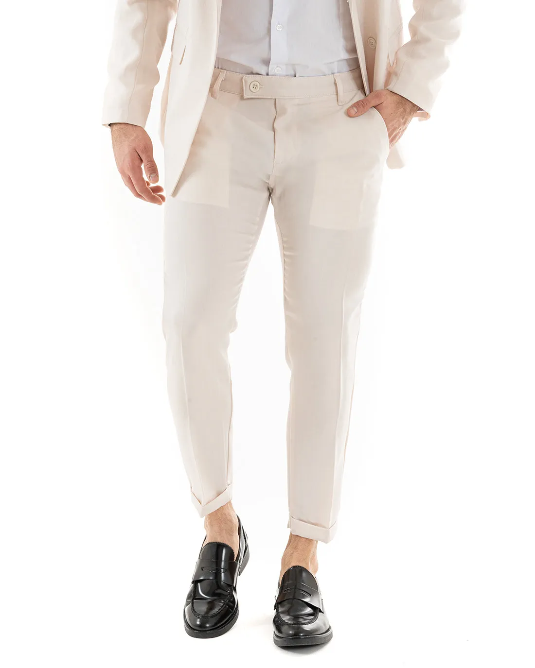 Abito Uomo Doppiopetto Vestito Viscosa Completo Giacca Pantaloni Beige Elegante Cerimonia GIOSAL-OU2262A