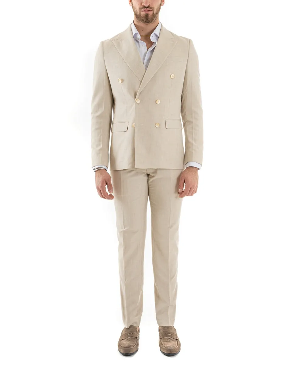 Abito Uomo Doppiopetto Vestito Viscosa Completo Giacca Pantaloni Beige Melangiato Elegante Cerimonia GIOSAL-OU2258A