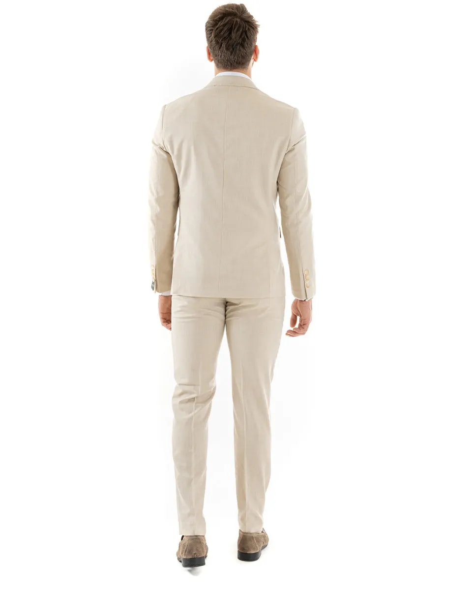 Abito Uomo Doppiopetto Vestito Viscosa Completo Giacca Pantaloni Beige Melangiato Elegante Cerimonia GIOSAL-OU2258A