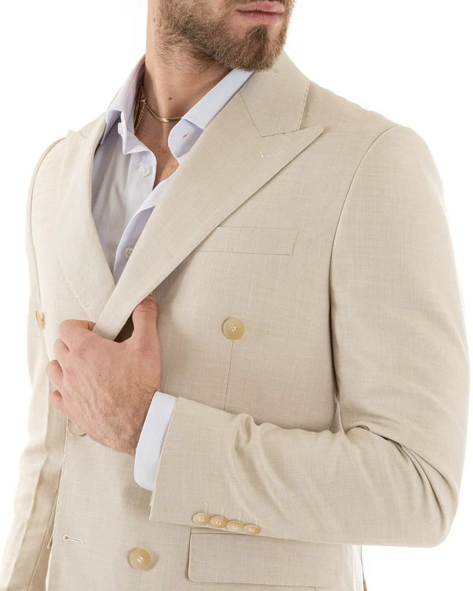 Abito Uomo Doppiopetto Vestito Viscosa Completo Giacca Pantaloni Beige Melangiato Elegante Cerimonia GIOSAL-OU2258A