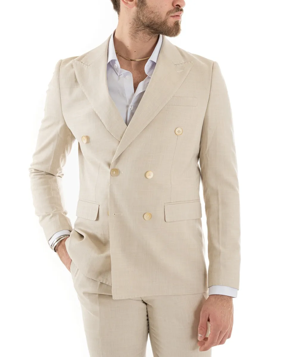 Abito Uomo Doppiopetto Vestito Viscosa Completo Giacca Pantaloni Beige Melangiato Elegante Cerimonia GIOSAL-OU2258A