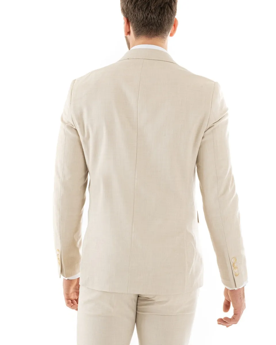 Abito Uomo Doppiopetto Vestito Viscosa Completo Giacca Pantaloni Beige Melangiato Elegante Cerimonia GIOSAL-OU2258A