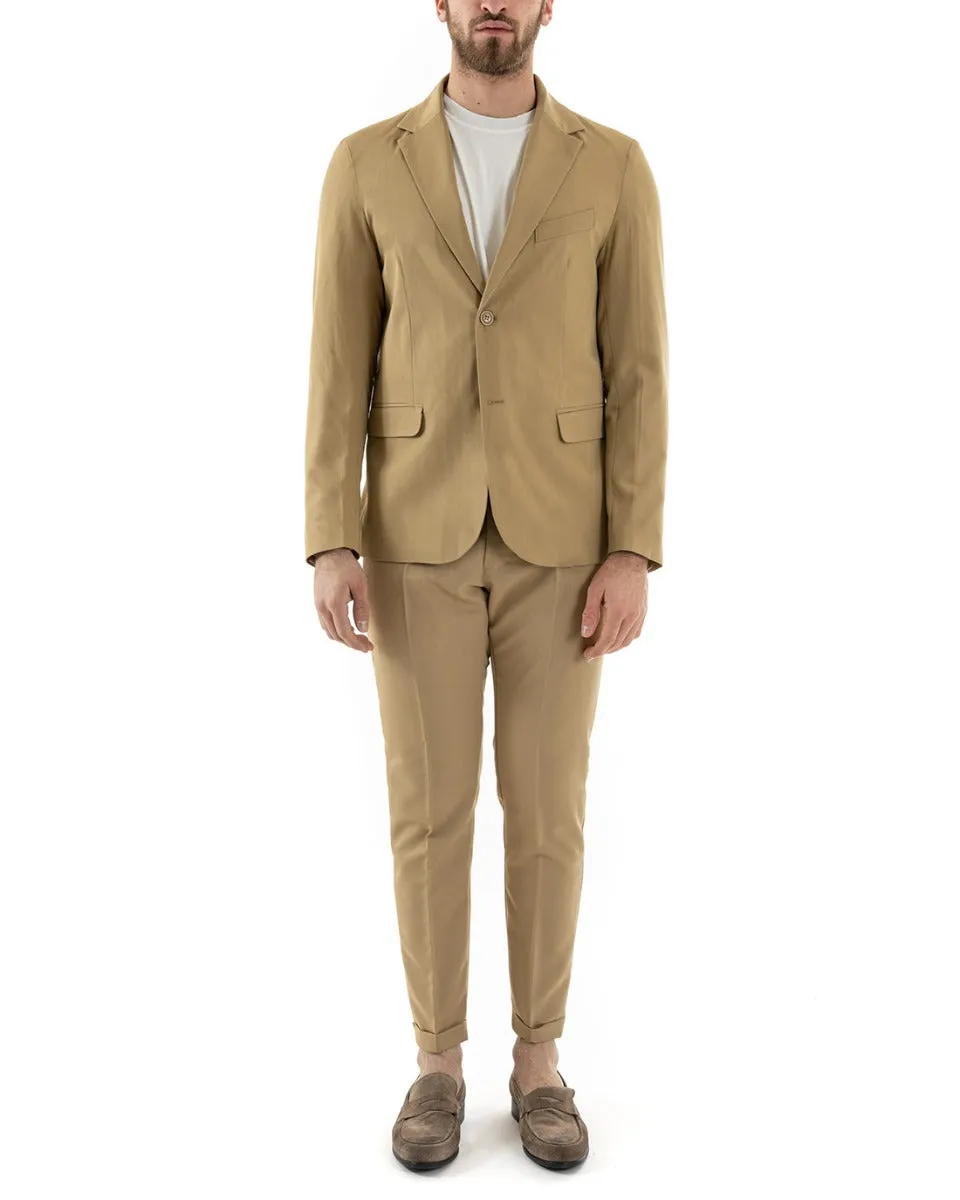 Abito Uomo Monopetto Completo Viscosa Sartoriale Giacca Pantaloni Camel Elegante Casual GIOSAL-OU2241A