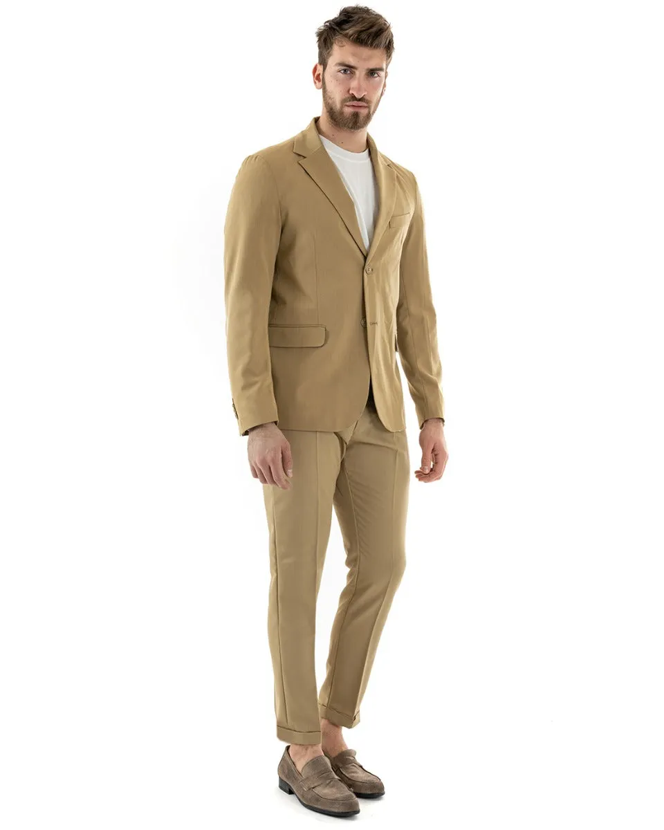 Abito Uomo Monopetto Completo Viscosa Sartoriale Giacca Pantaloni Camel Elegante Casual GIOSAL-OU2241A