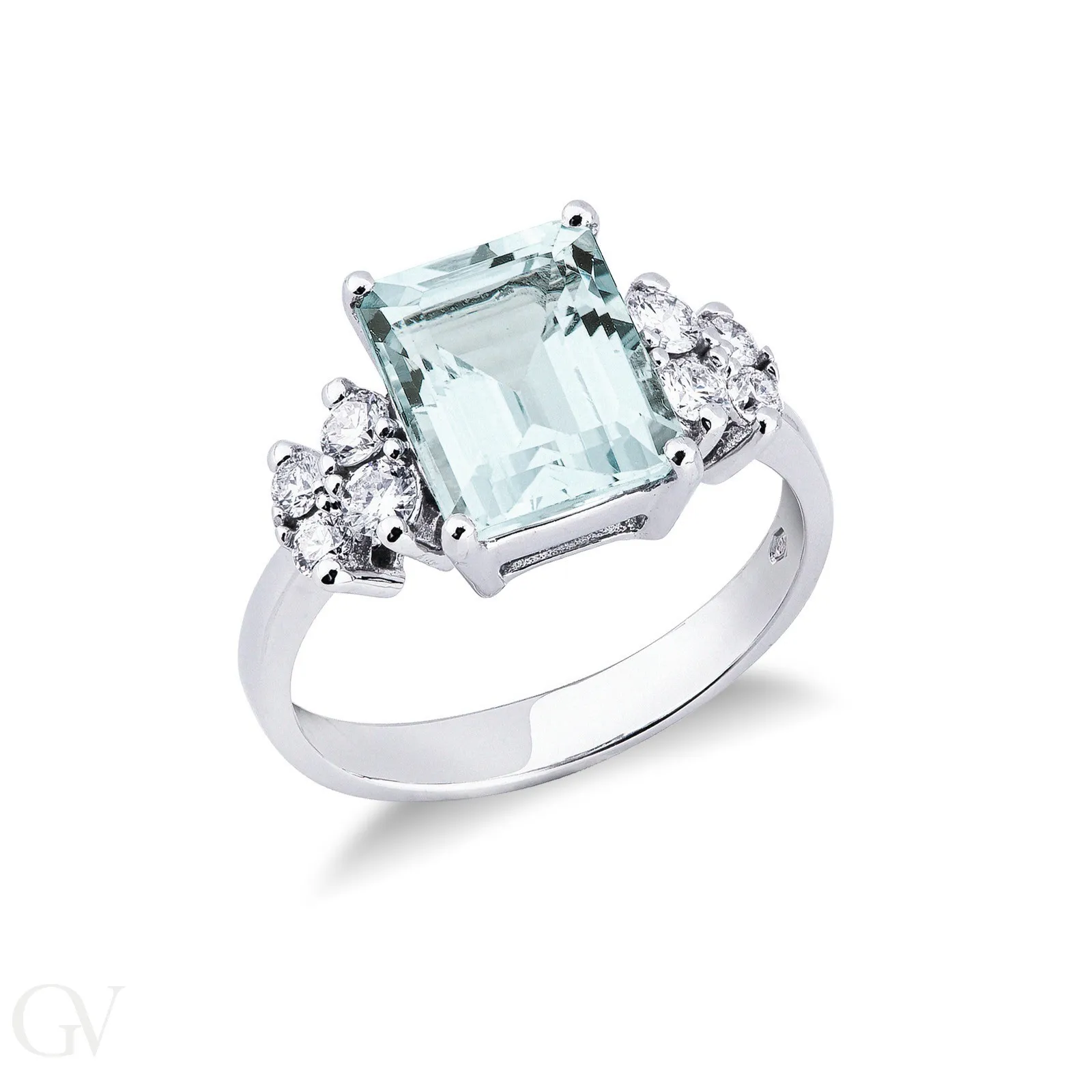 Anello in Oro bianco 18k con Acquamarina ottagonale e 4 diamanti per lato