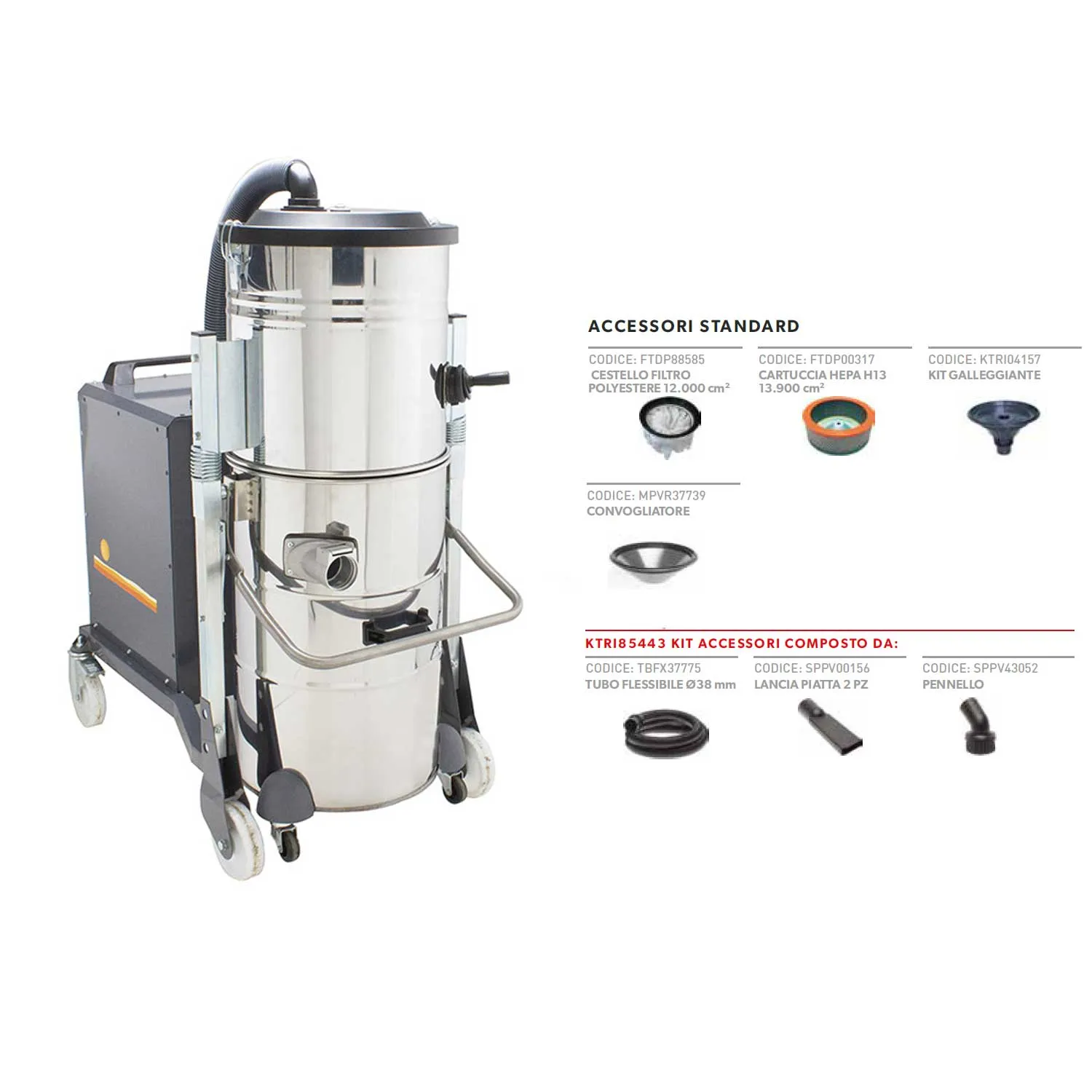 Aspiratore Soteco Planet 130 GL c/turbina motore trifase 3000W 380V fusto 90lt + kit accessori