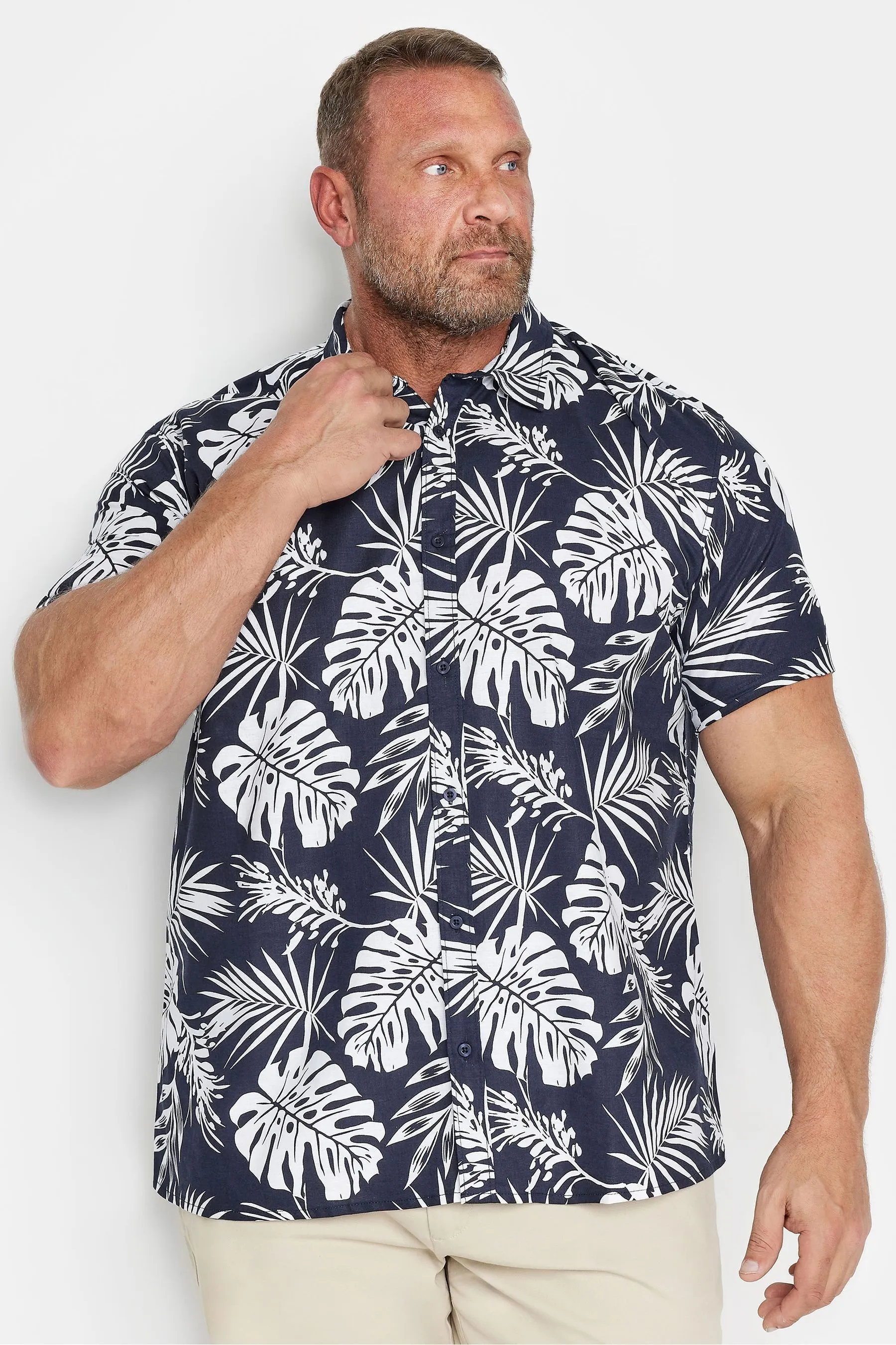 BadRhino Big & Tall BadRhino - Camicia in Marrone pregiato in lino con Stampa Manica corta tropicale