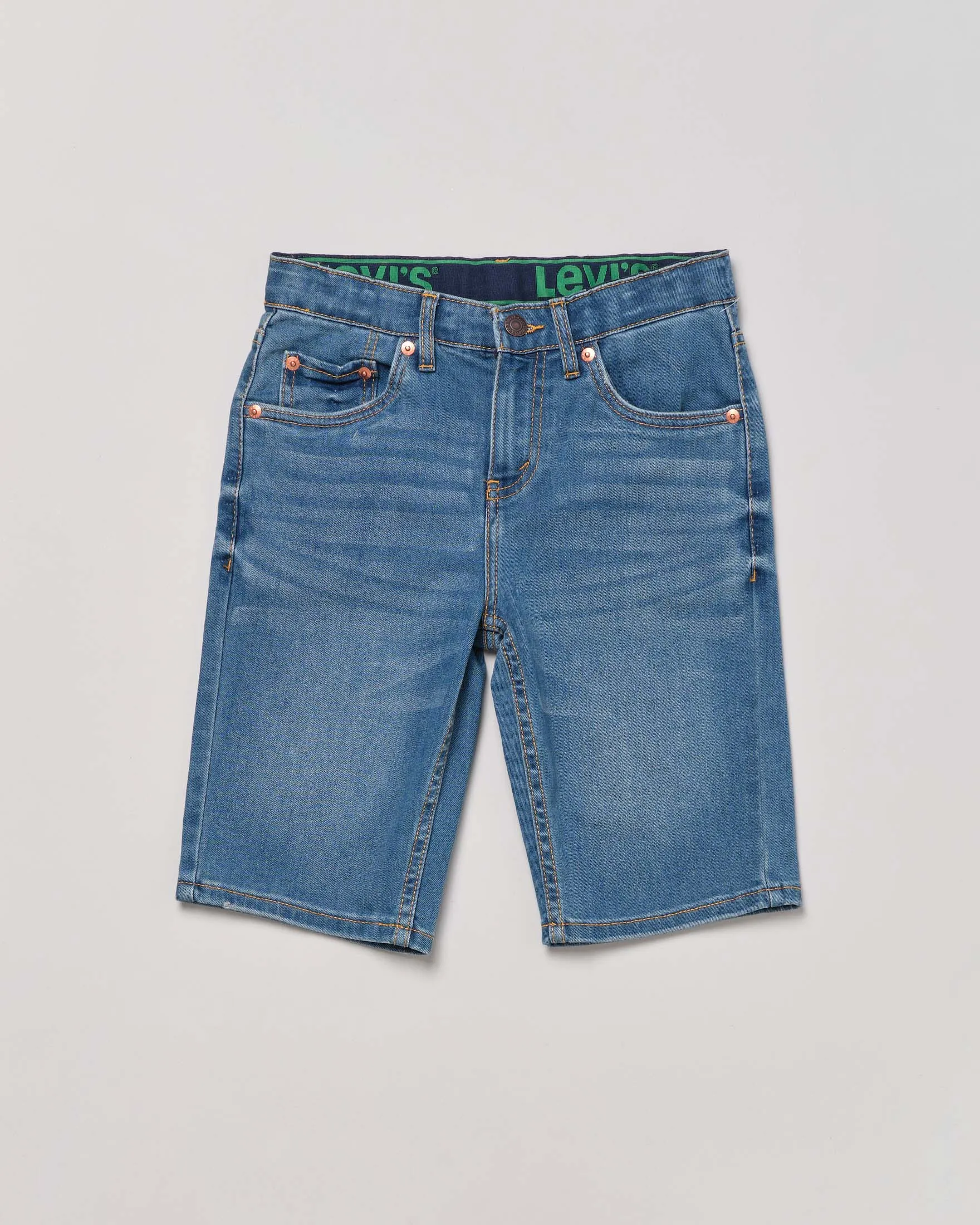 Bermuda denim blu a lavaggio medio stone washed con baffature 12-16 anni