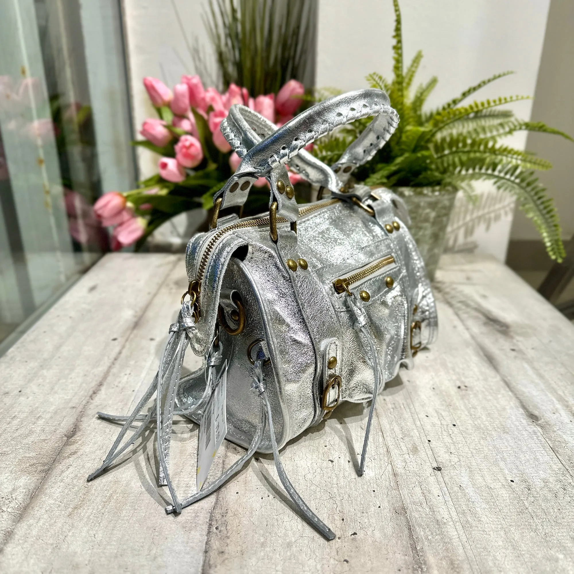 Borsa Mini Argentata Laminata a Spalla con Tracolla Vera Pelle