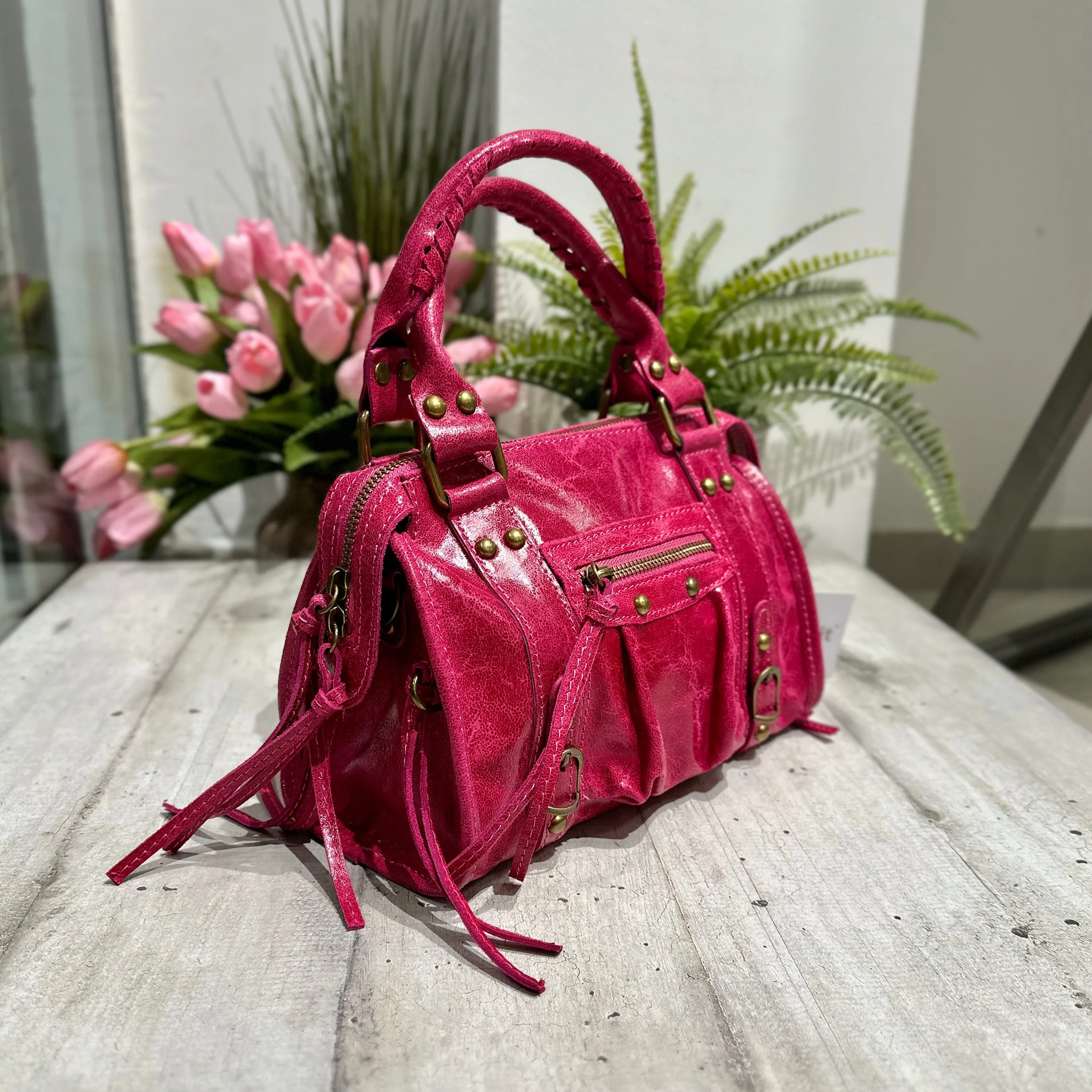 Borsa Mini Fuxia Laminata a Spalla con Tracolla Vera Pelle Vintage
