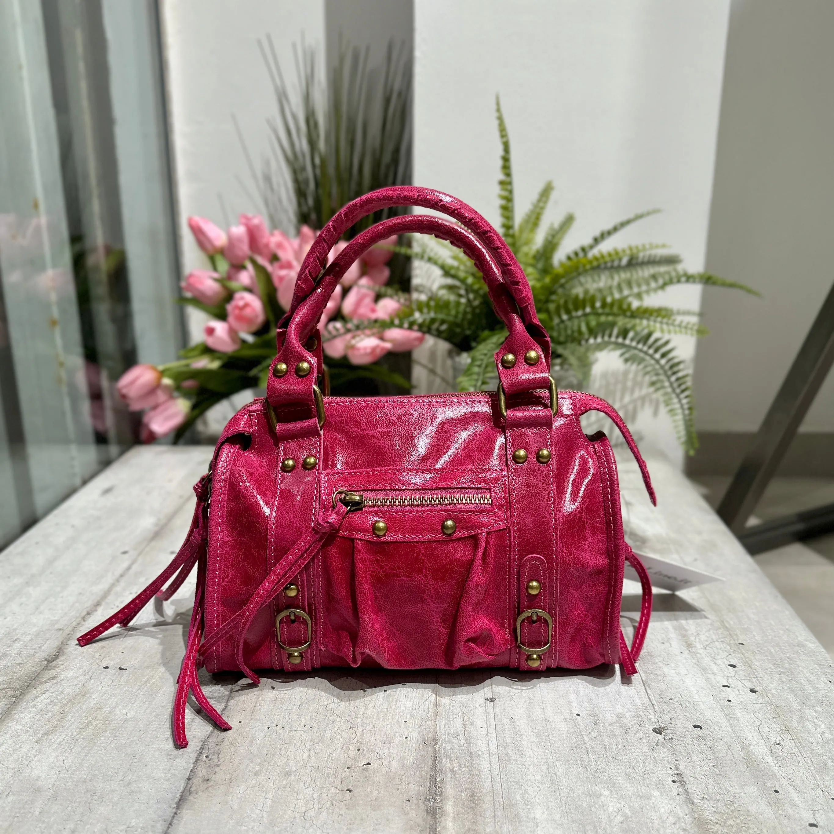 Borsa Mini Fuxia Laminata a Spalla con Tracolla Vera Pelle Vintage