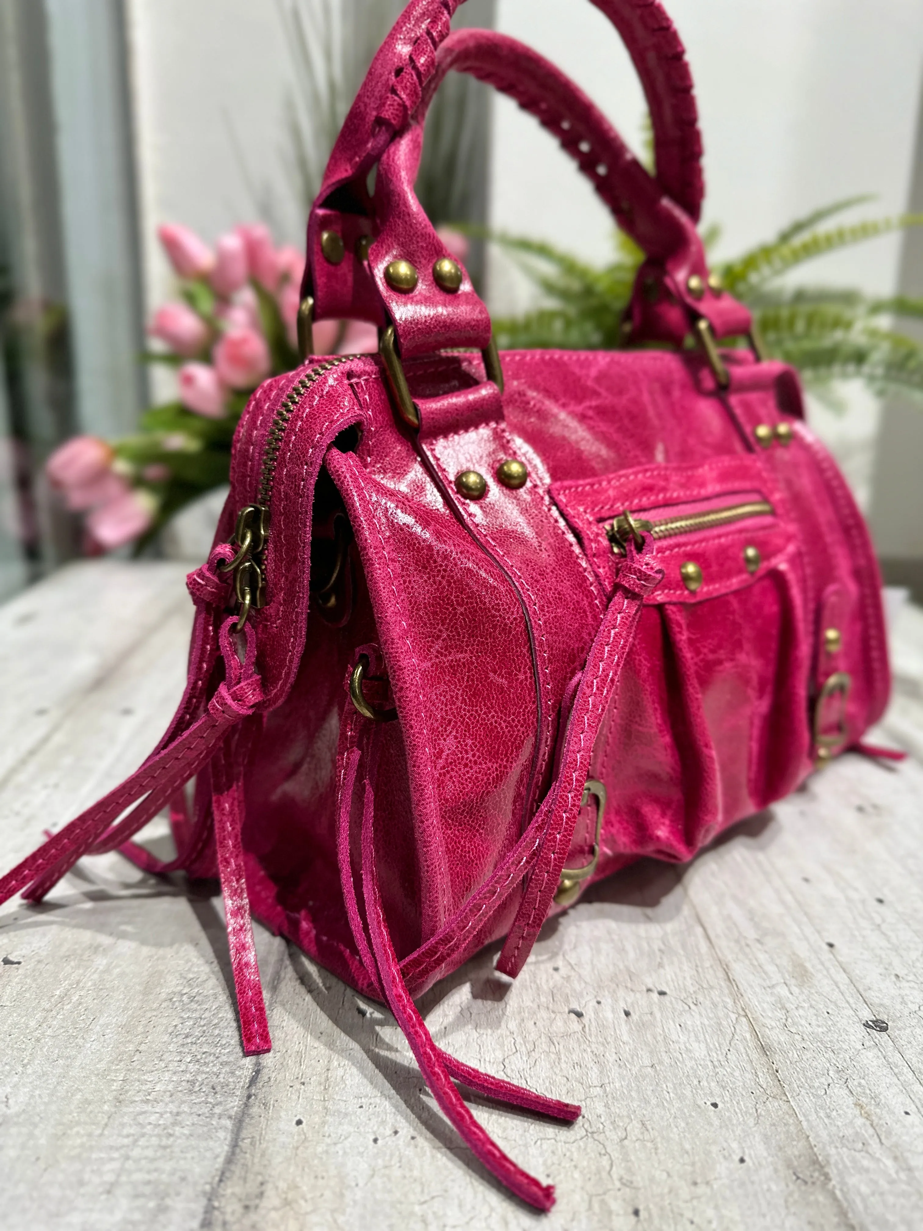 Borsa Mini Fuxia Laminata a Spalla con Tracolla Vera Pelle Vintage