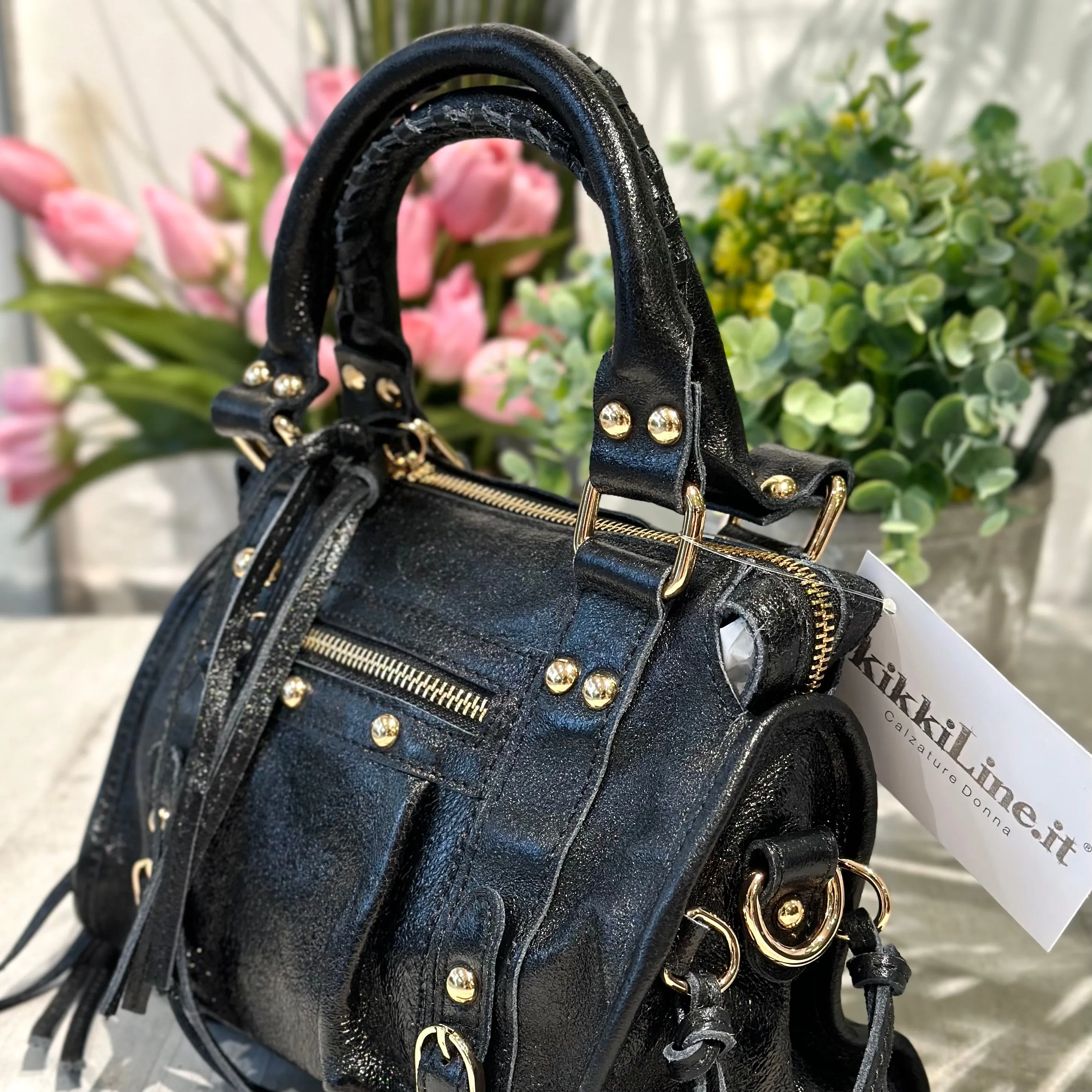 Borsa Mini Nera Laminata a Spalla con Tracolla Vera Pelle