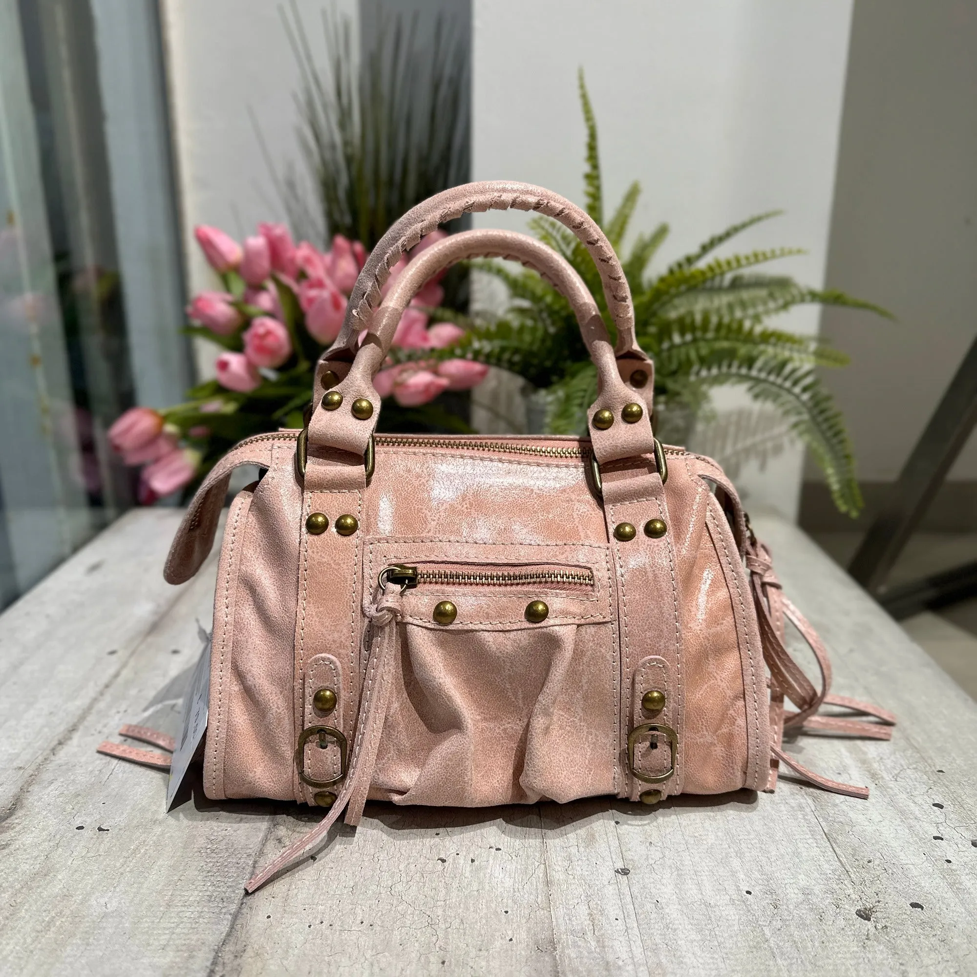 Borsa Mini Rosa Cipria a Spalla con Tracolla Vera Pelle Vintage