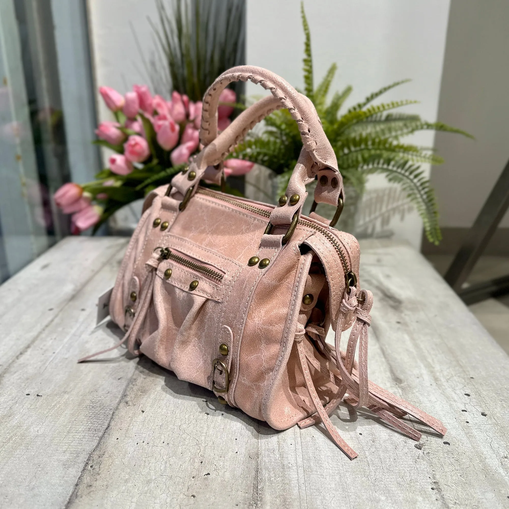 Borsa Mini Rosa Cipria a Spalla con Tracolla Vera Pelle Vintage