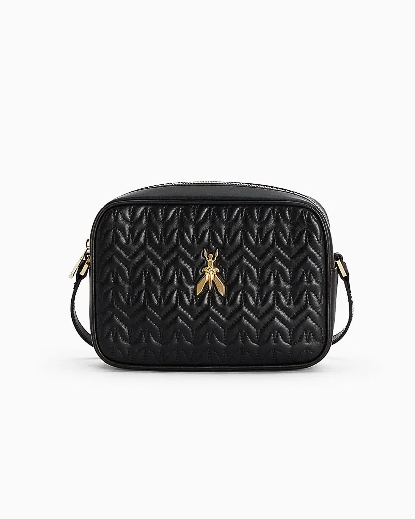 Borsa nera in pelle trapuntata a motivo monogram con tracolla regolabile