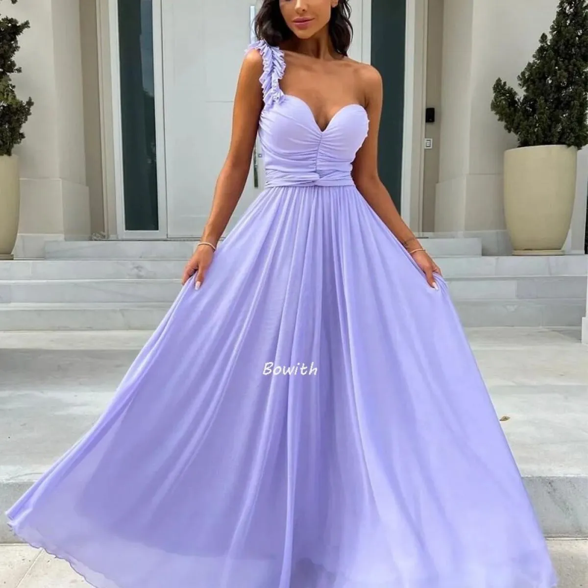 Bowith Abiti da festa color lavanda Abito da sera monospalla Pieghe Abito da sera formale per donna Elegante Capodanno Natale