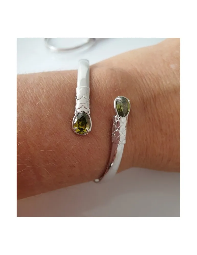 Bracciale donna argento 925 schiava aperto contrarie' zircone verde  goccia 2 griffe