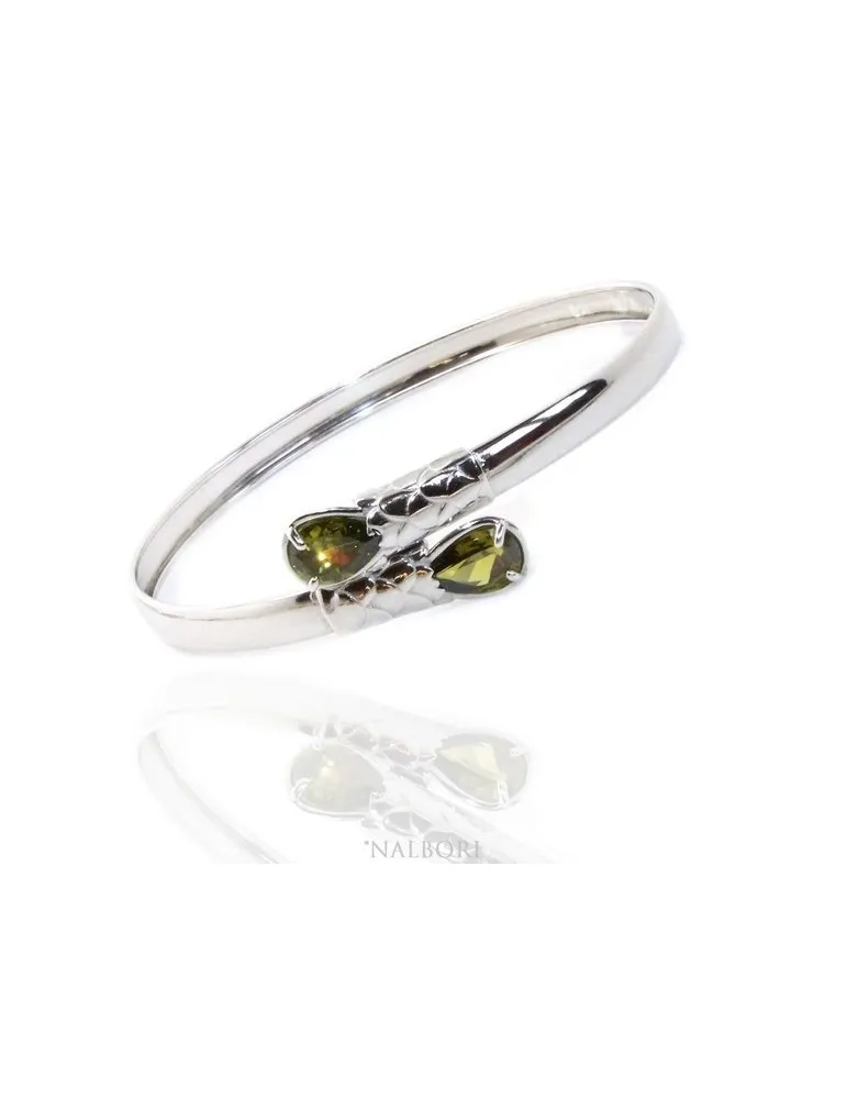 Bracciale donna argento 925 schiava aperto contrarie' zircone verde  goccia 2 griffe