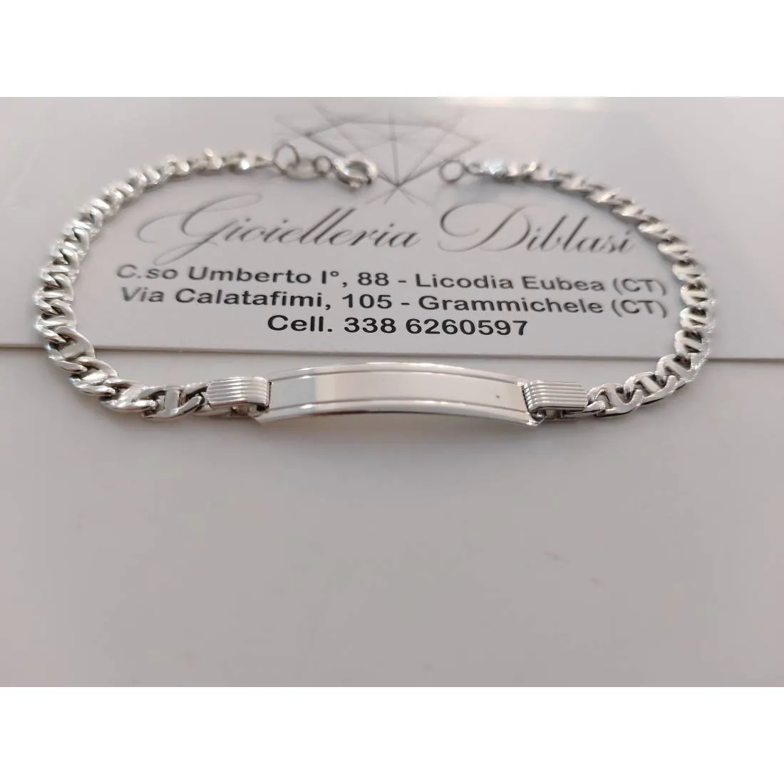 BRACCIALE ORO BIANCO 18 Karati Unisex Maglia TRAVERSINO Con PIASTRINA Placchetta