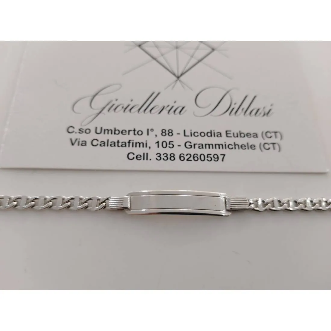 BRACCIALE ORO BIANCO 18 Karati Unisex Maglia TRAVERSINO Con PIASTRINA Placchetta