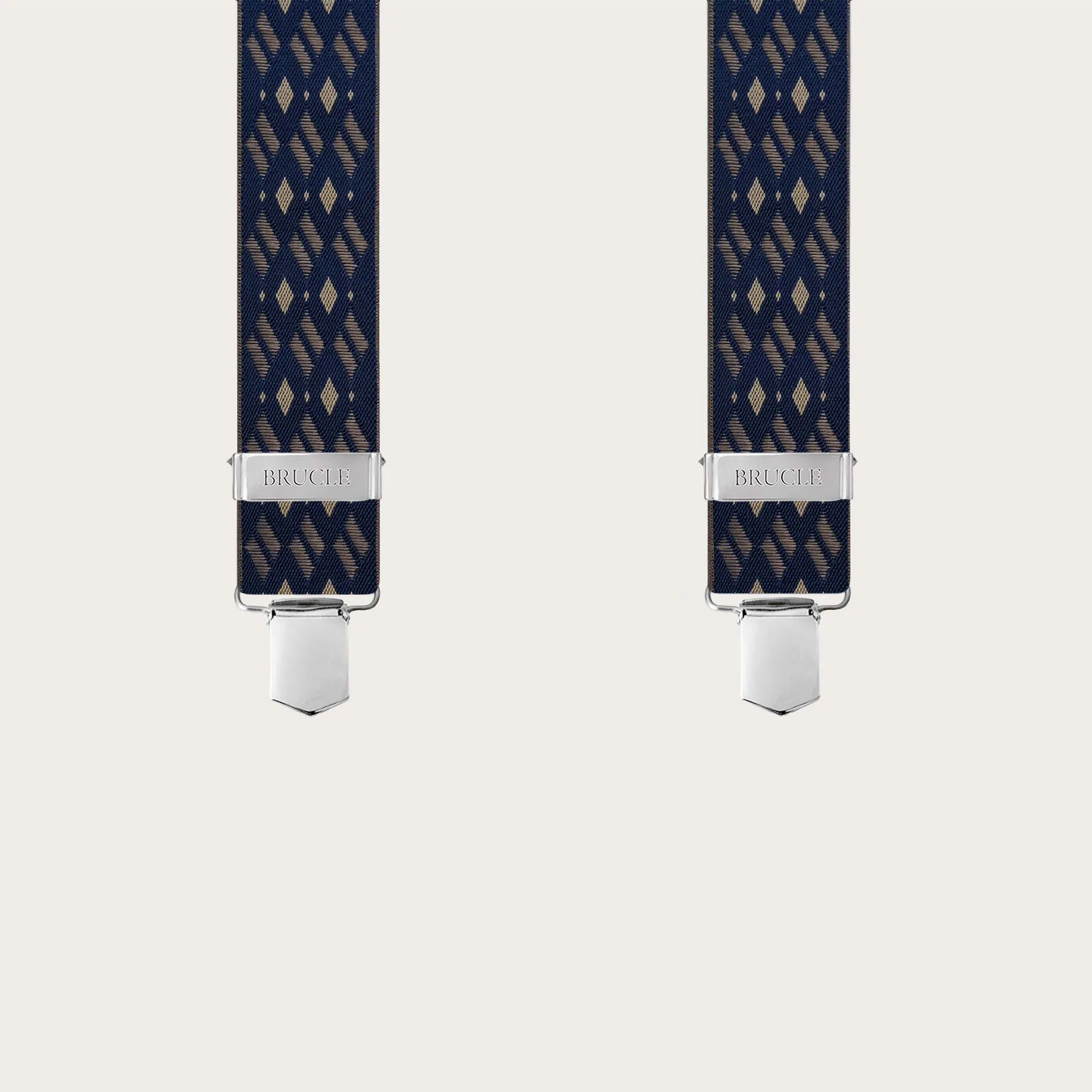 Bretelle larghe elastiche blu e beige a rombi con clip