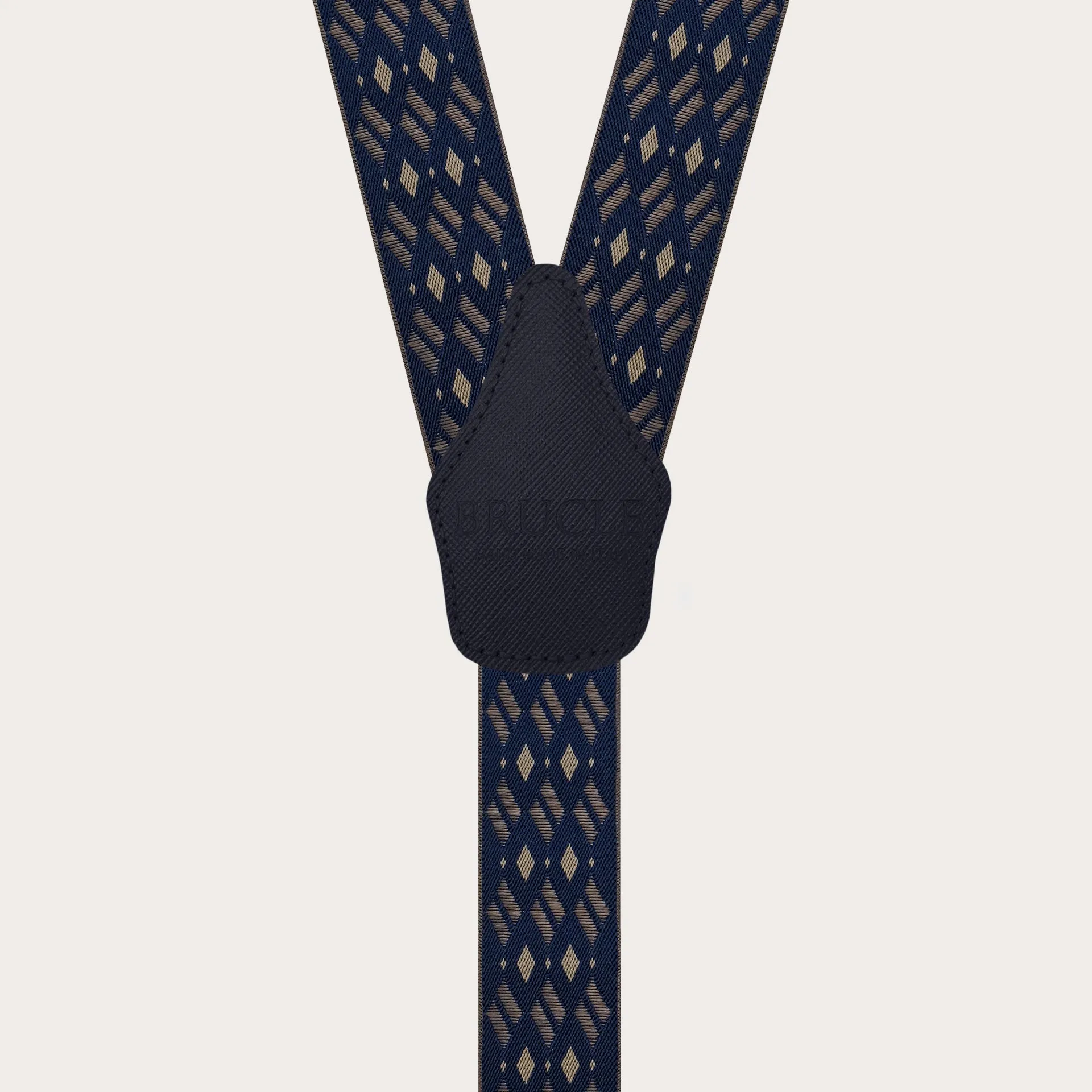 Bretelle larghe elastiche blu e beige a rombi con clip